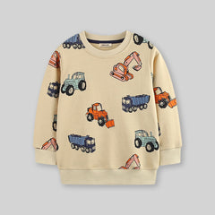 Boys Beige Long Sleeve Car Printed Round Neck Sweatshirt