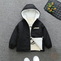 Boys Black Hooded Long Sleeves Fleece Lined Jacket