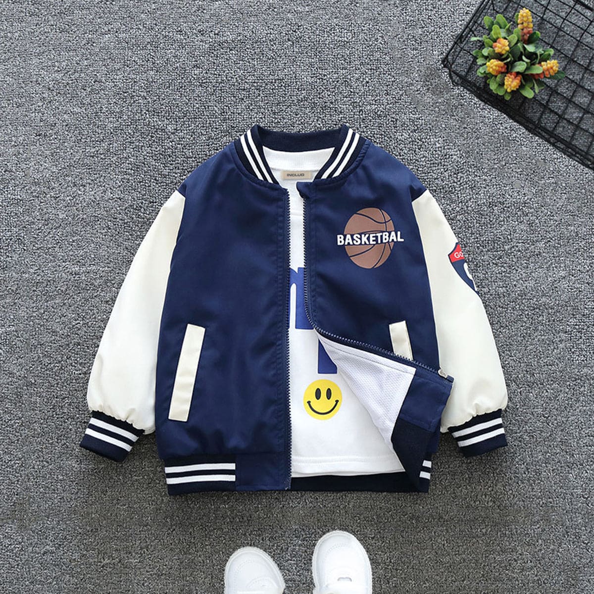 Boys Blue Basketball Print Front Open Trendy Sporty Jacket