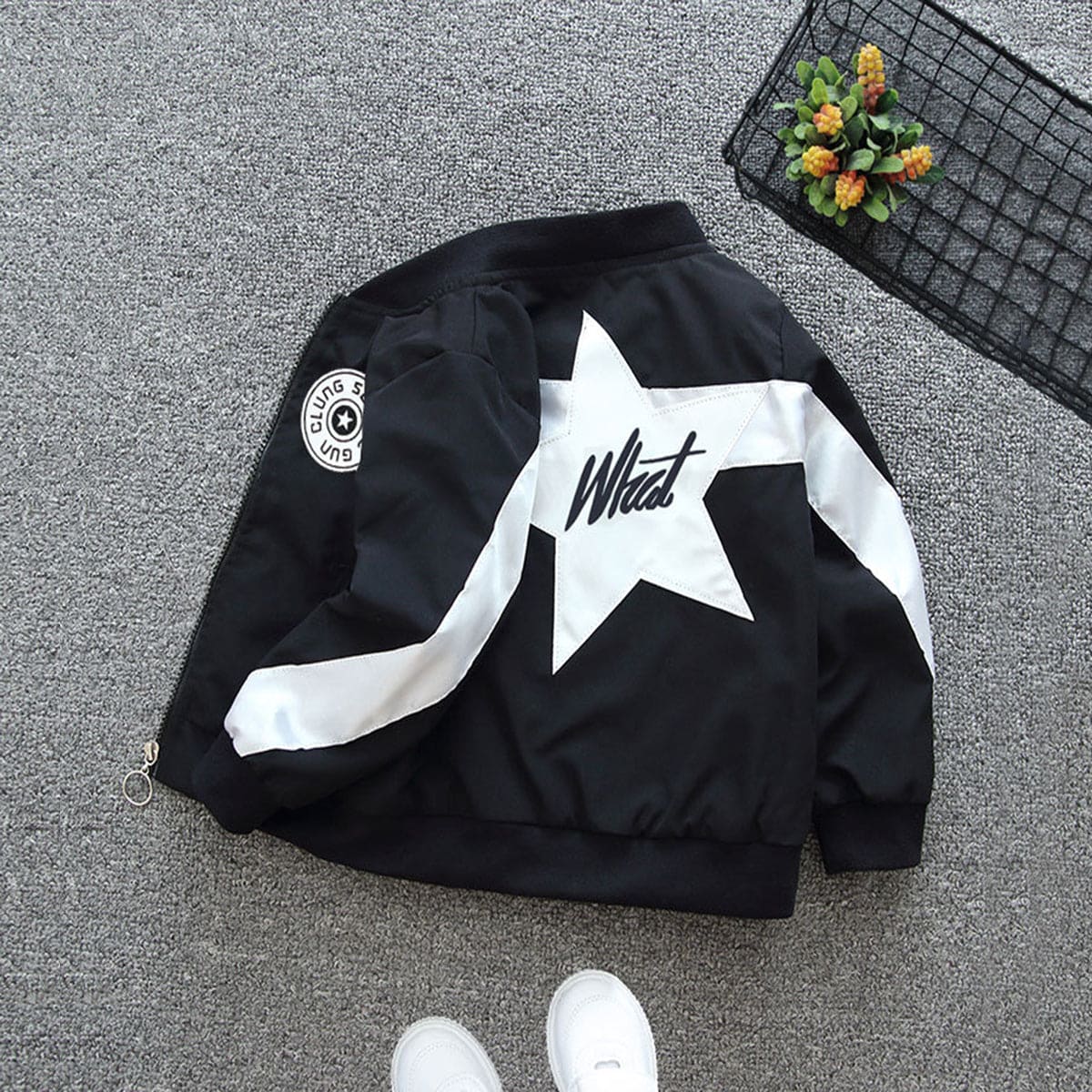 Boys Black Star Applique Front Open Color-blocked Trendy Jacket