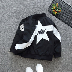 Boys Black Star Applique Front Open Color-blocked Trendy Jacket