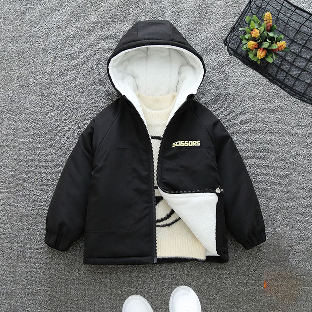 Boys Black Hooded Long Sleeves Fleece Lined Jacket