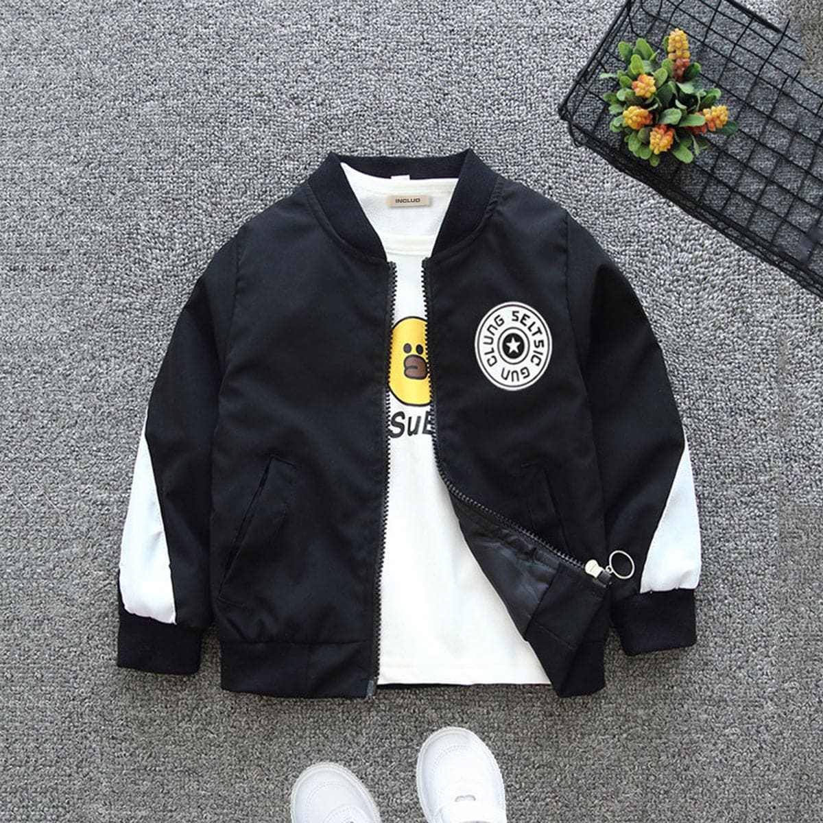 Boys Black Star Applique Front Open Color-blocked Trendy Jacket