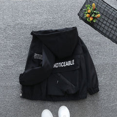 Boys Black Printed Front Open Jacket With Back Big Pockets
