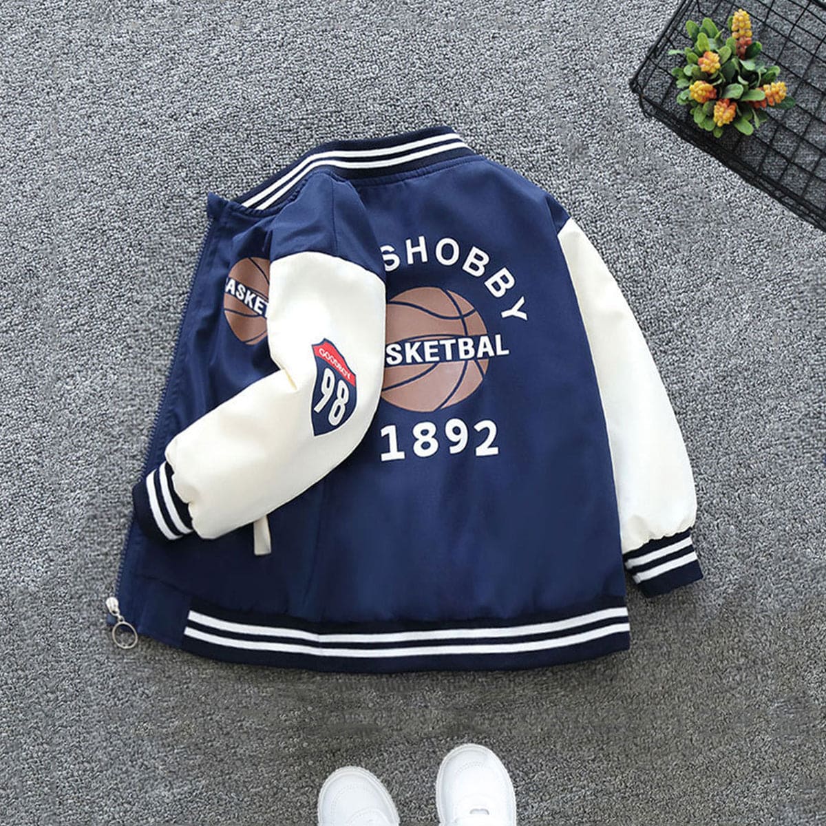 Boys Blue Basketball Print Front Open Trendy Sporty Jacket