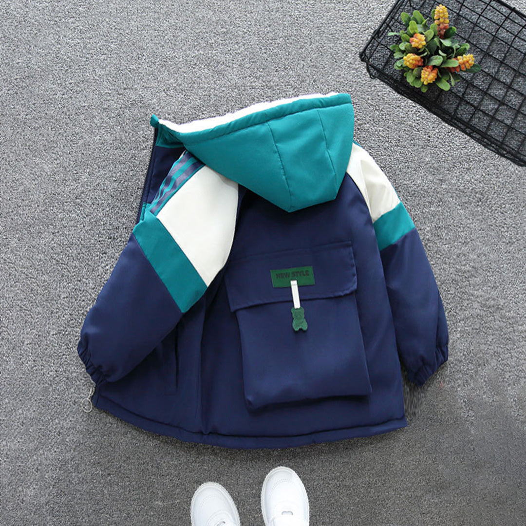 Boys Blue Color-blocked Back Pocket Fleece Lined Jacket