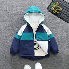 Boys Blue Color-blocked Back Pocket Fleece Lined Jacket