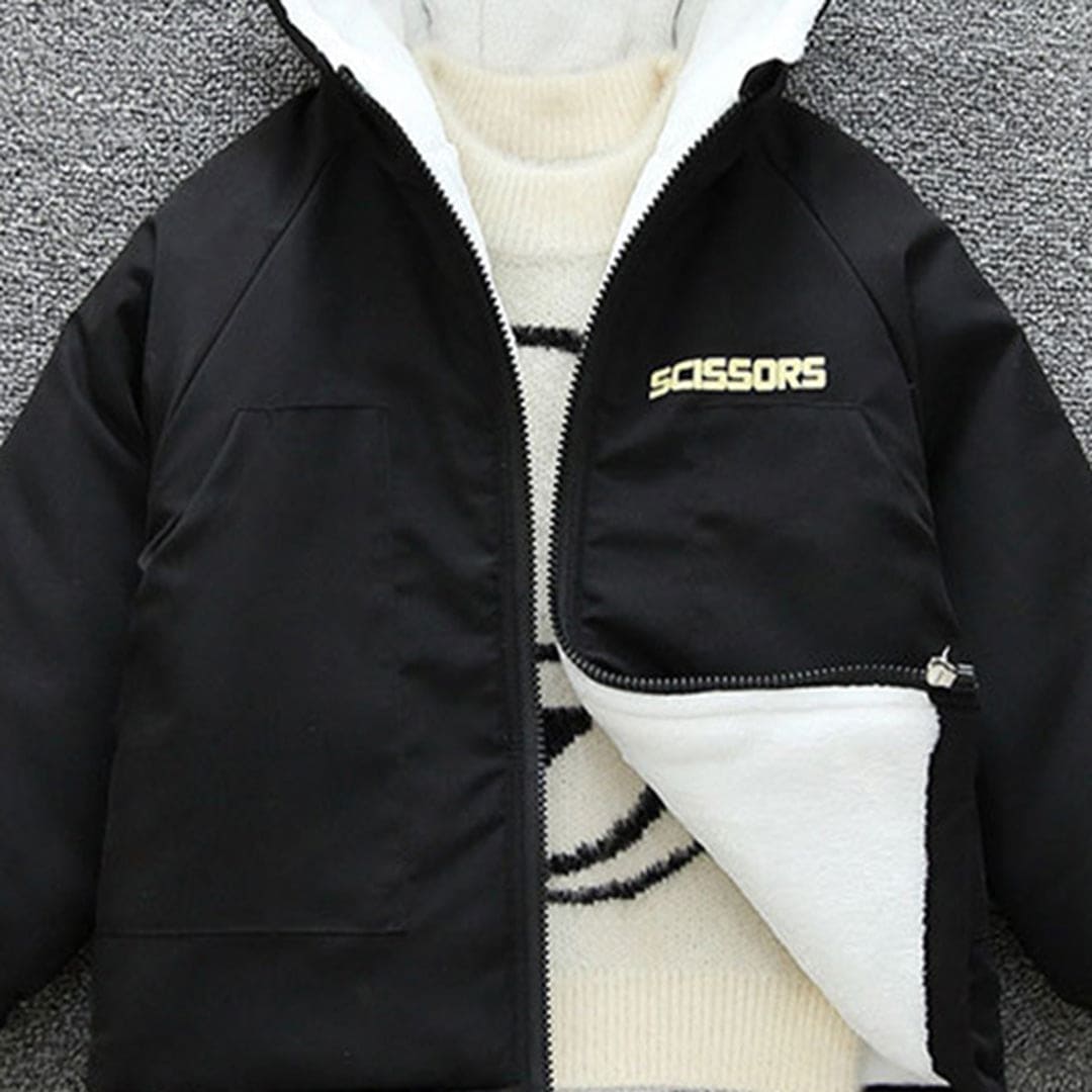 Boys Black Hooded Long Sleeves Fleece Lined Jacket