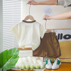 Boys Bag-pack Appliqued T-Shirt With Dark Brown Shorts Set