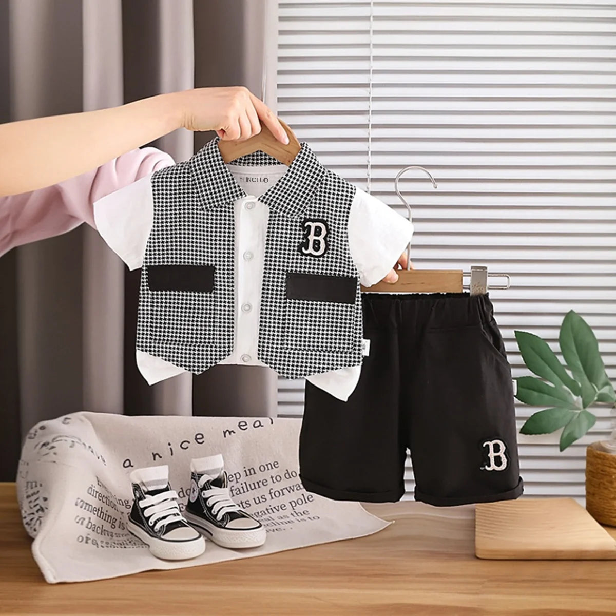 Boys Black Houndstooth Fake waistcoat Shirt With Shorts Sets