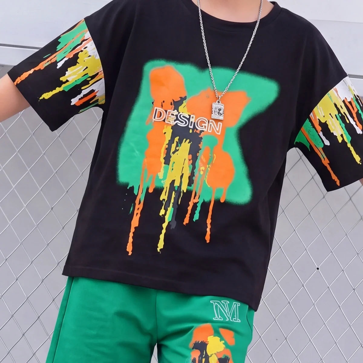 Boys Black Paint Splatter Short Sleeve T-Shirt With Shorts Sets