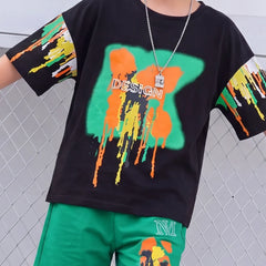 Boys Black Paint Splatter Short Sleeve T-Shirt With Shorts Sets