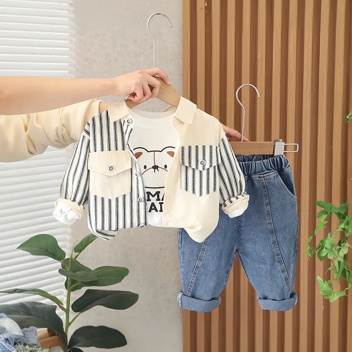 Boys Black Stripe Long Sleeve Shirt with T-shirt & Denims Set