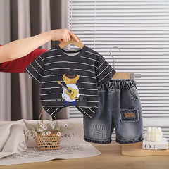 Boys Black Striped Bear Graphic T-Shirt With Denim Shorts Sets