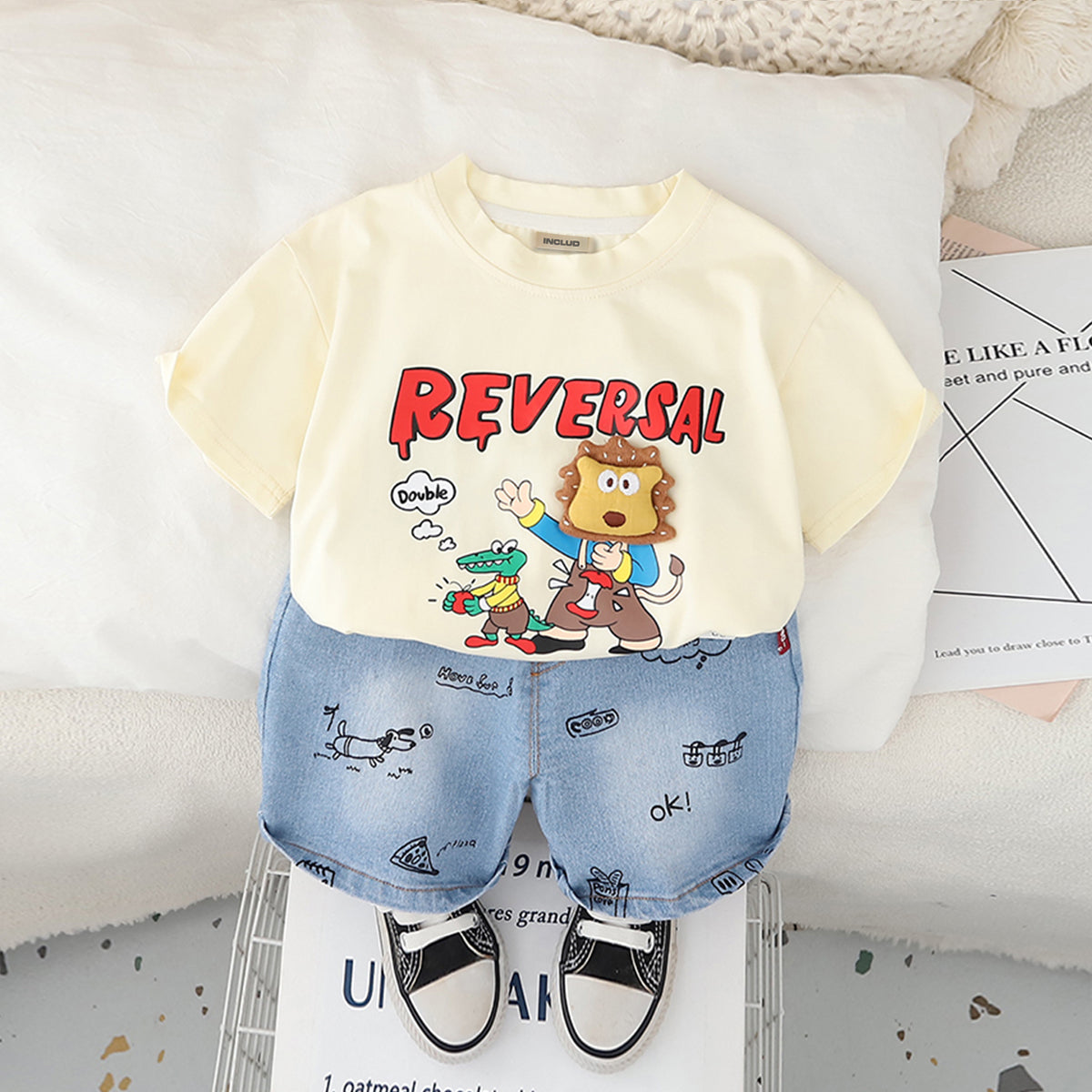 Boys Apricot Graphic Short Sleeves T-Shirt With Printed Denim Shorts Set