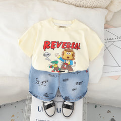 Boys Apricot Graphic Short Sleeves T-Shirt With Printed Denim Shorts Set