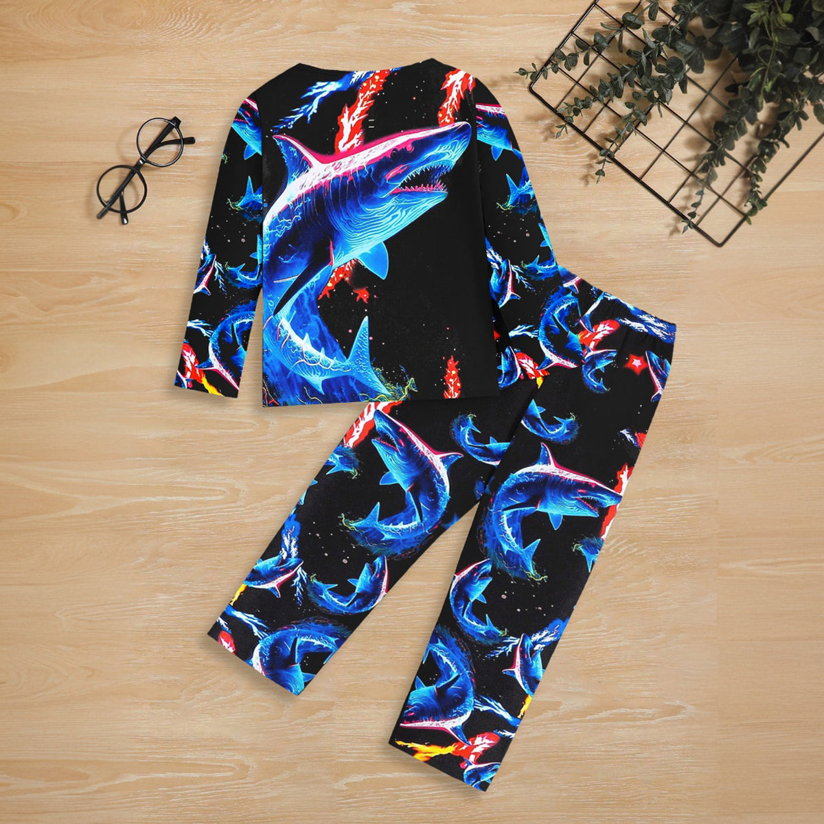 Boys Black Shark Printed Glow in the Dark T-Shirt & Pajama Winter Co-ord Set