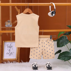 Boys Apricot Captain Typography Vest With Drawstring Shorts Sets