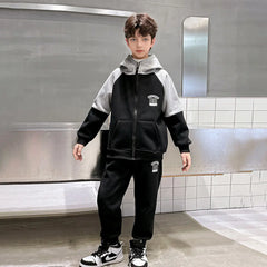 Boys Black Alphanumeric Printed Hooded Zipper Jacket With Jogger Sets