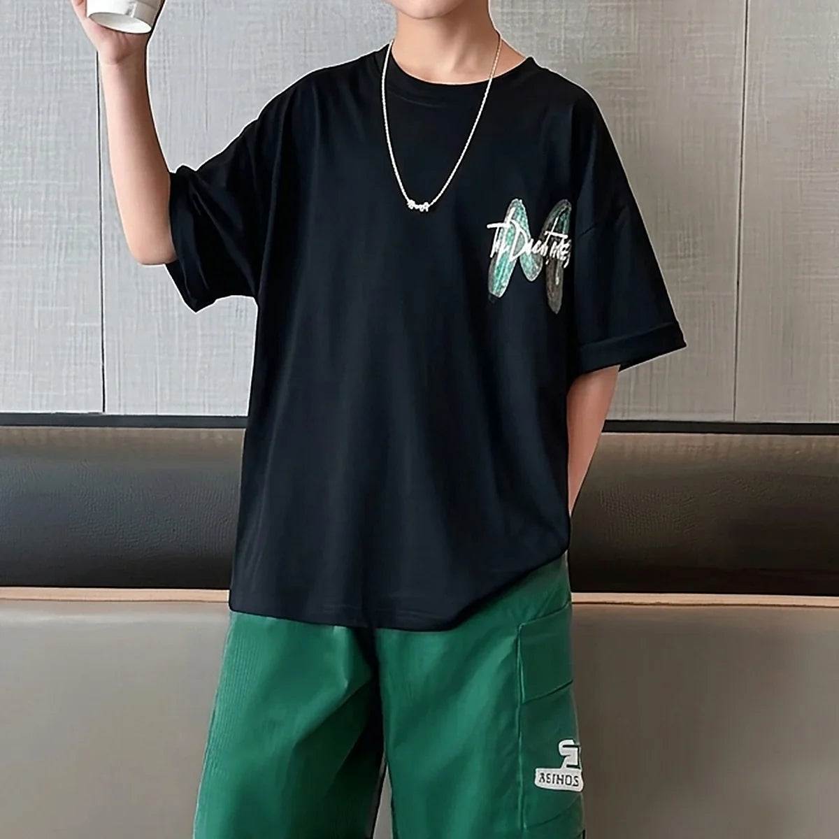 Boys Black Graphic Print Short Sleeve T-Shirt With Elasticated Shorts Sets