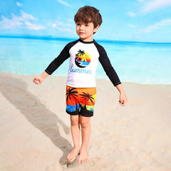 Boys Black Tropical Printed Long Sleeves T-Shirt & Shorts Swimsuit Sets