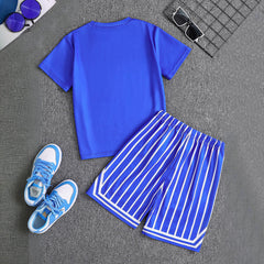 Boys Blue Alphanumeric Printed Short Sleeve T-Shirt With Shorts Set