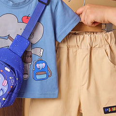 Boys Blue Elephant Print Short Sleeve T-Shirt With Shorts Sets