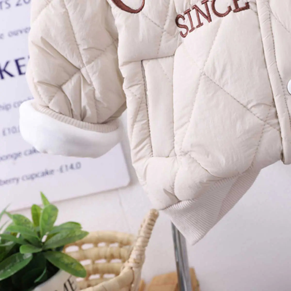 Boys Beige Embroidered Quilted Puffer Jacket With Jogger Sets