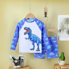 Boys Blue Dinosaur Printed Long Sleeves T-Shirt & Shorts Swimsuit Sets