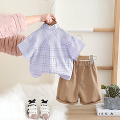 Boys Blue Checkered Short Sleeves Shirt With Shorts Set