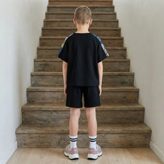 Boys Black Abstract Print Raglan Sleeves T-Shirt With Shorts Co-ord Sets