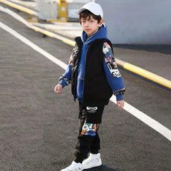 Boys Blue Graphics Printed hoodie With Sleeveless Jacket & Jogger Sets