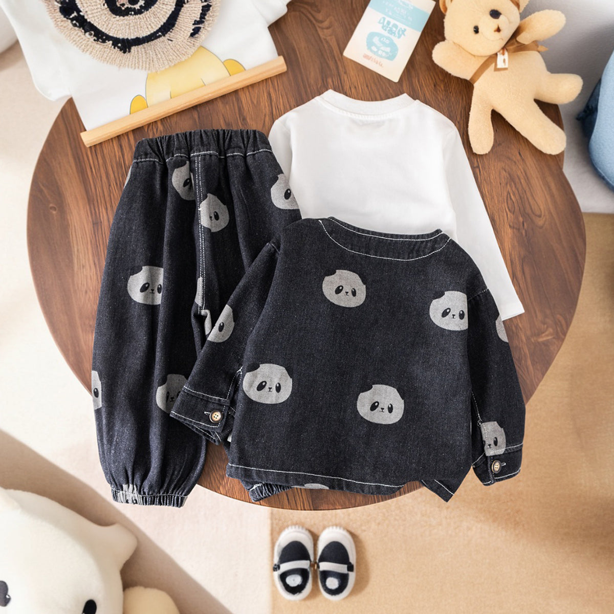 Boys Black Panda Printed Denim Jacket With T-Shirt & Joggers Set