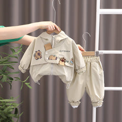 Boys Beige Capybara Printed Hooded Jacket With Joggers Set