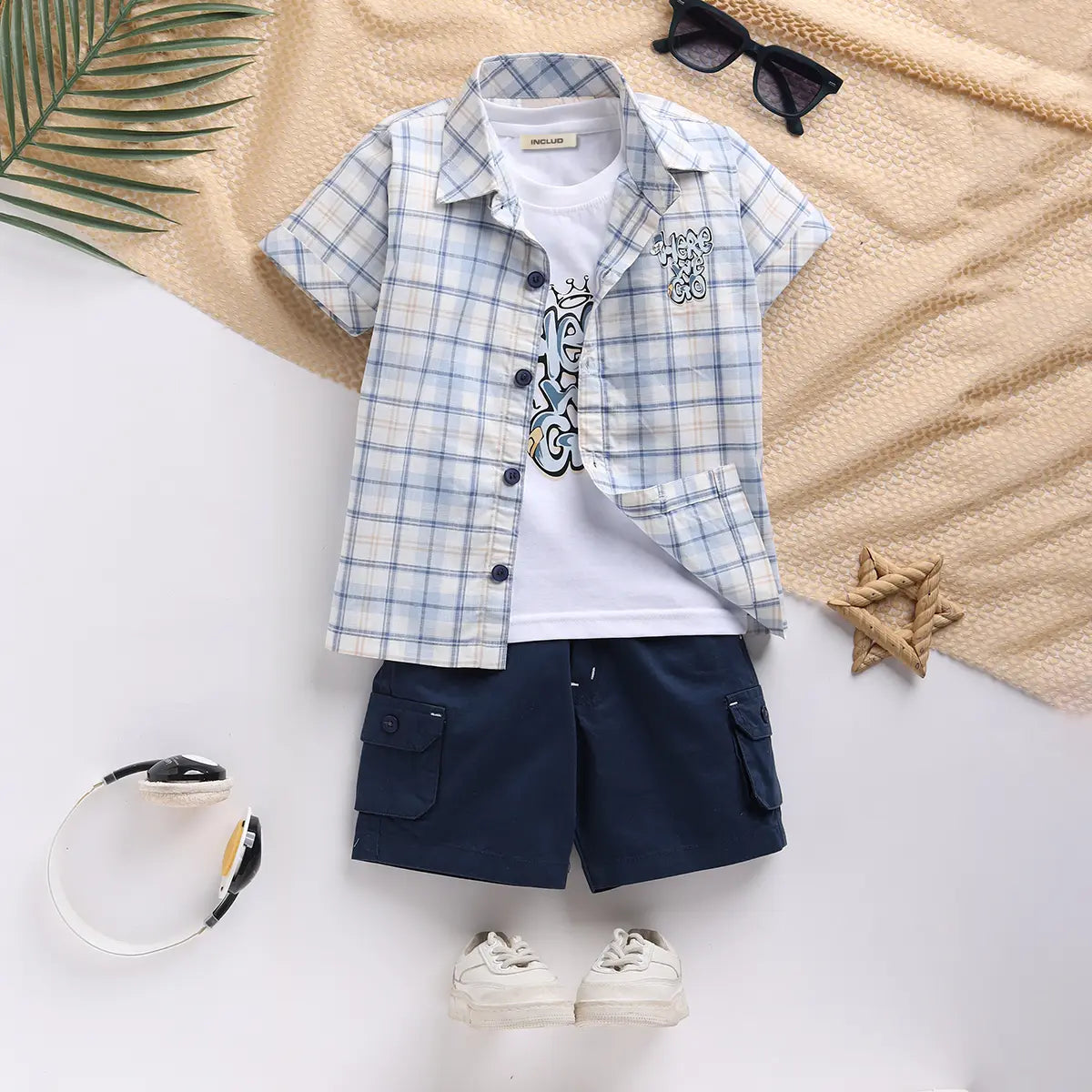 Boys Blue Checked Shirt With Printed T-Shirt And Twill Shorts Sets