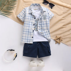Boys Blue Checked Shirt With Printed T-Shirt And Twill Shorts Sets