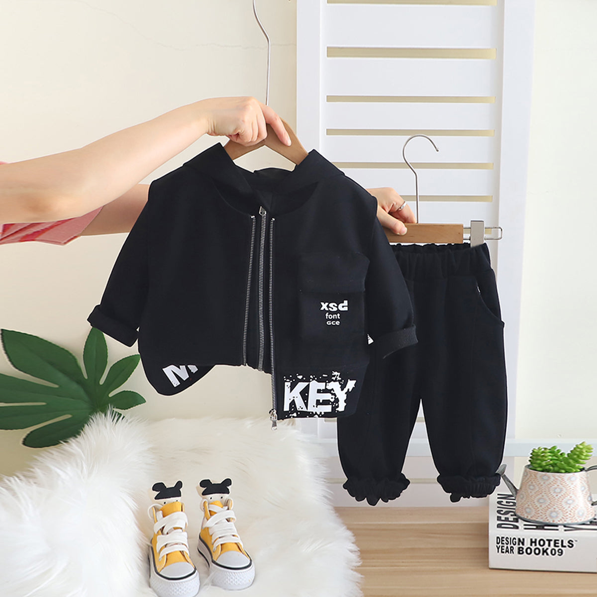 Boys Black Typographic Printed Hooded Sweatshirt With Sleeveless Jacket & Joggers Set
