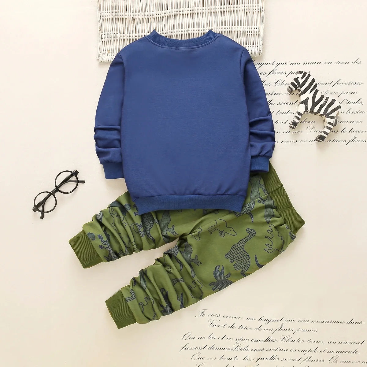Boys Blue Dinosaur Cartoon Printed Sweatshirt With Joggers Sets