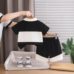Boys Black Typographic Polo T-Shirt With Elasticated Shorts Sets