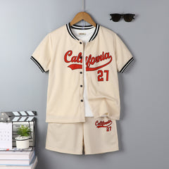 Boys Apricot Typographic Printed Shirt With Shorts Set