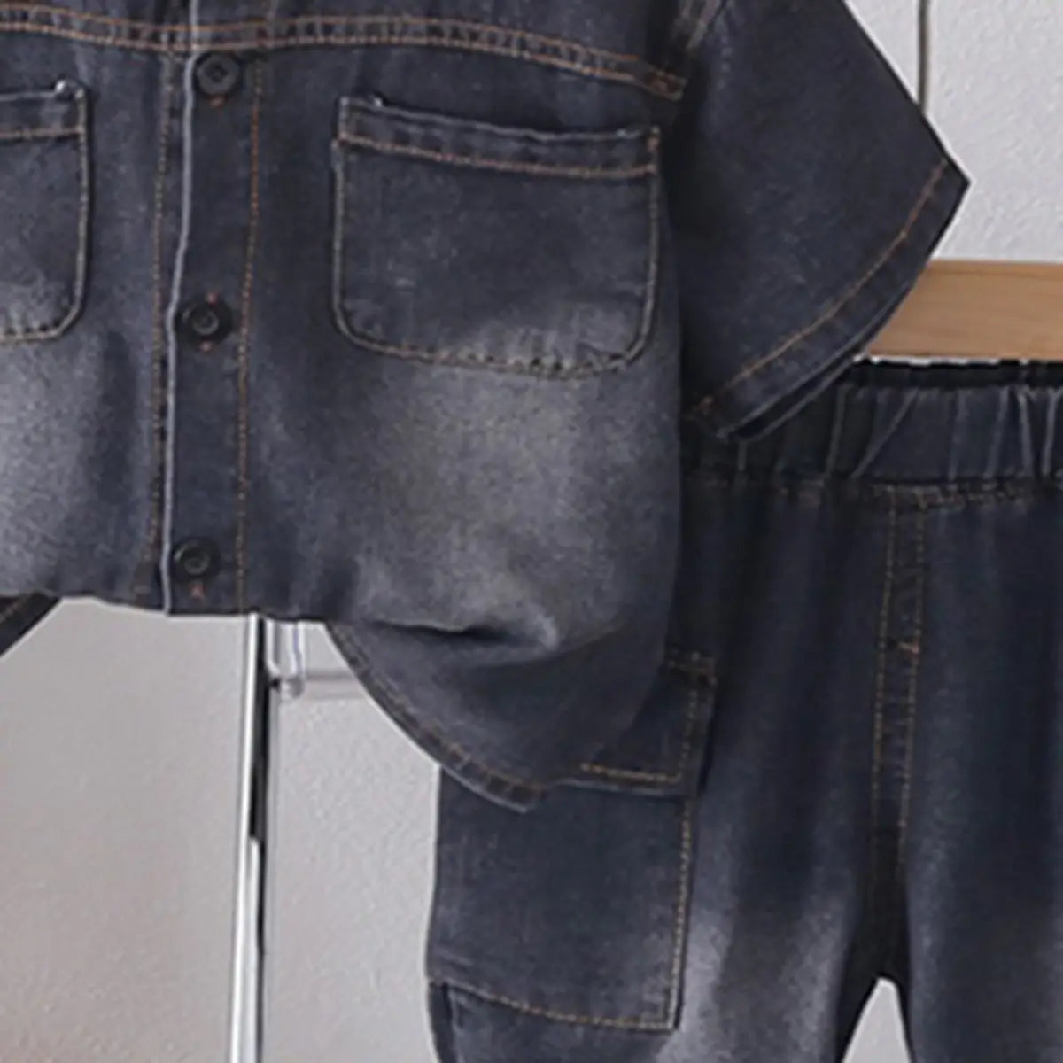 Boys Black Washed Denim Shirt With Shorts Sets