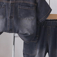 Boys Black Washed Denim Shirt With Shorts Sets