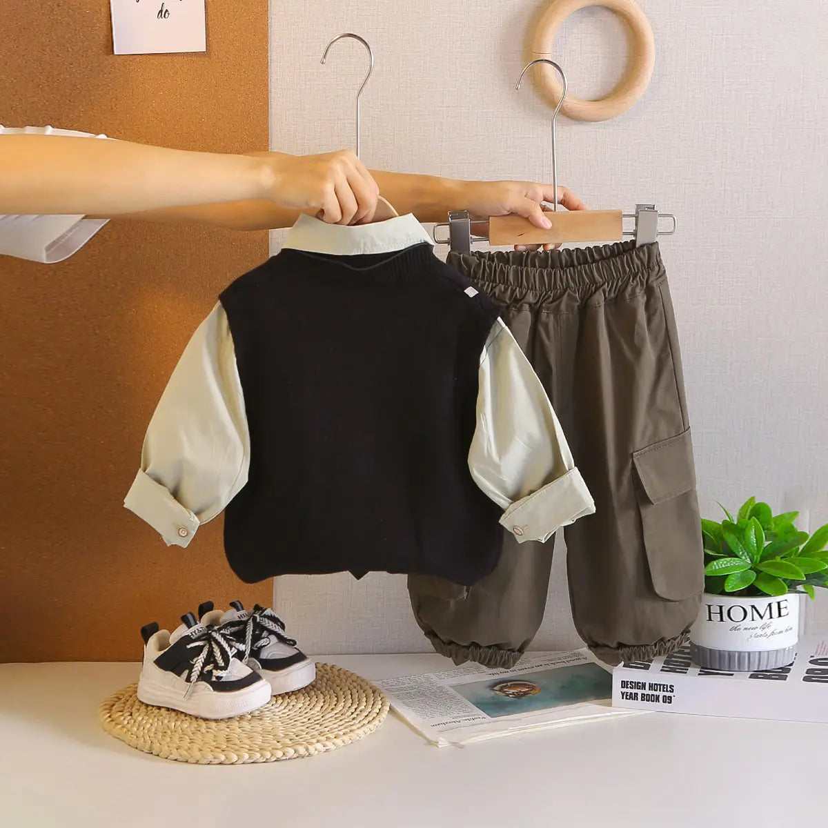Boys Black Sweater Vest & Neck-Tie With Shirt & Cargo Jogger Sets