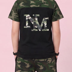 Boys Black Camouflage Print Short Sleeve T-Shirt With Pants Sets