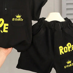 Boys Black Typographic Printed Short Sleeve T-Shirt With Elasticated Shorts Sets