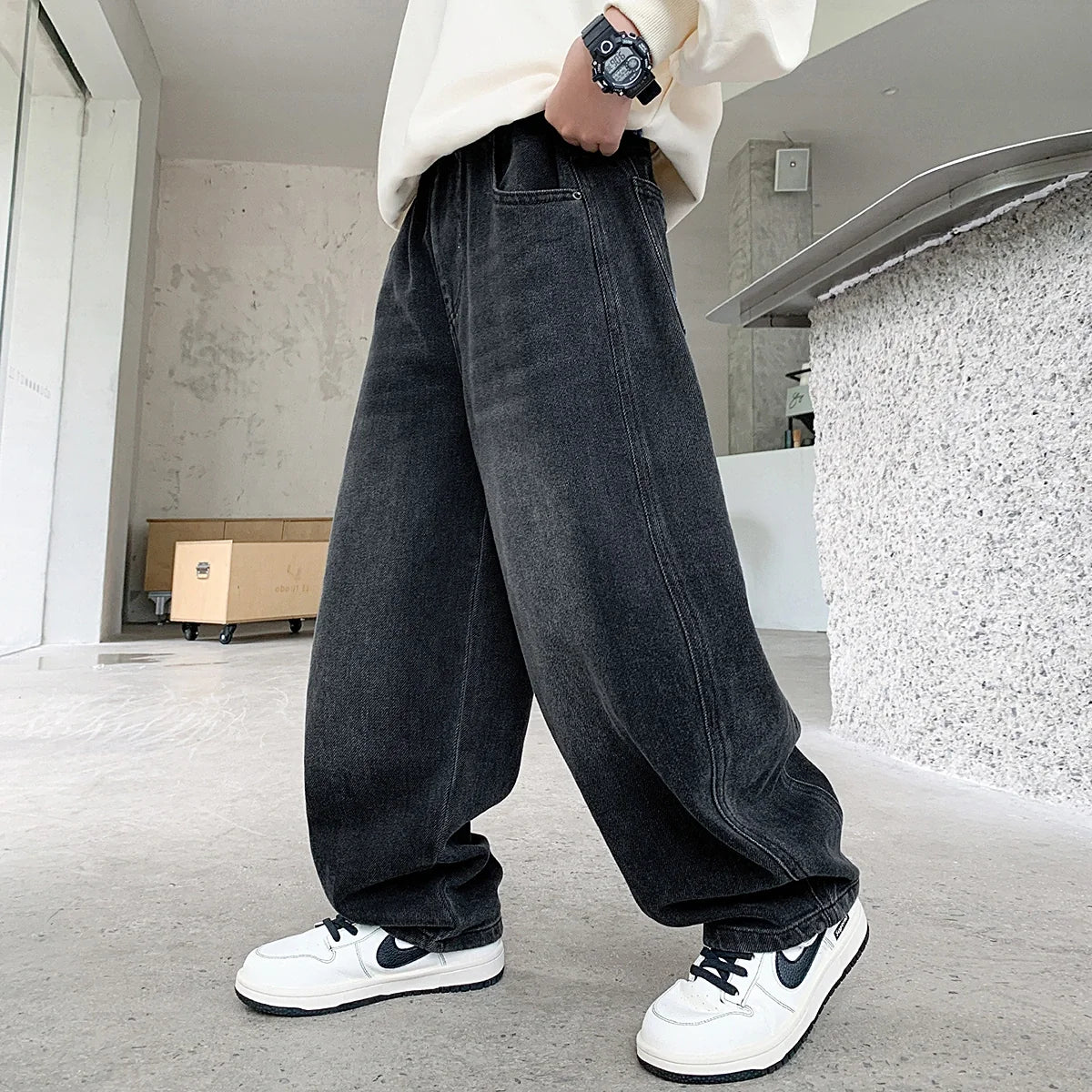 Boys Black Typographic Print Baggy Fit Denim Jeans