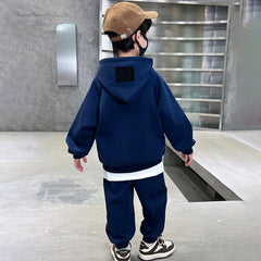 Boys Blue Abstract Printed Hooded Oversized Sweatshirt With Jogger Sets