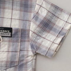 Boys Beige Checked Shirt With Printed T-Shirt & Denim Shorts Set