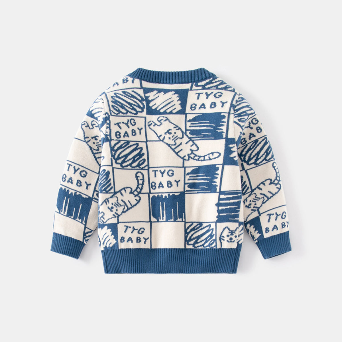 Boys Blue Cardigan With Self Design Cat Ptterns