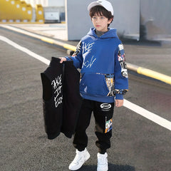 Boys Blue Graphics Printed hoodie With Sleeveless Jacket & Jogger Sets